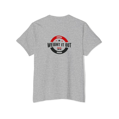 Weight It Out Pocket Tee — Fitness Gym T‑Shirt with 'Weight It Out' Barbell Logo on Back
